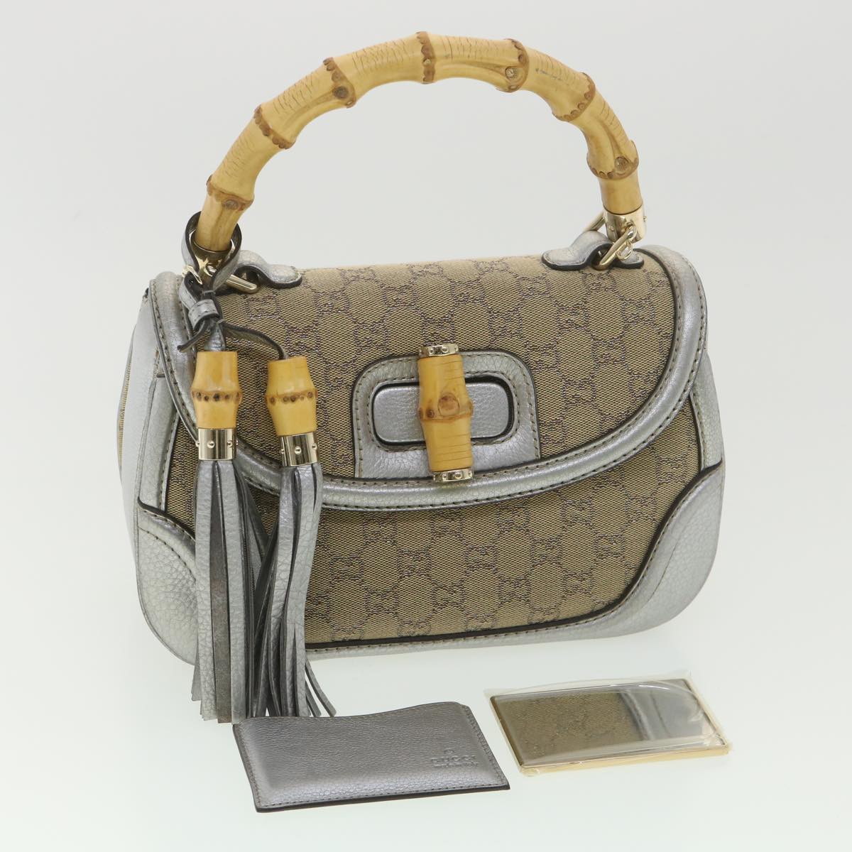 GUCCI GG Canvas Bamboo Hand Bag Beige Silver 254884 yk6106