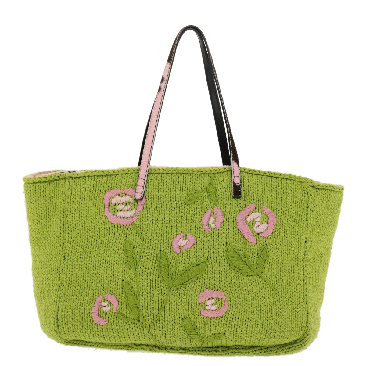 FENDI Floral Tote Bag Wool Harako Leather Green Pink yk6518