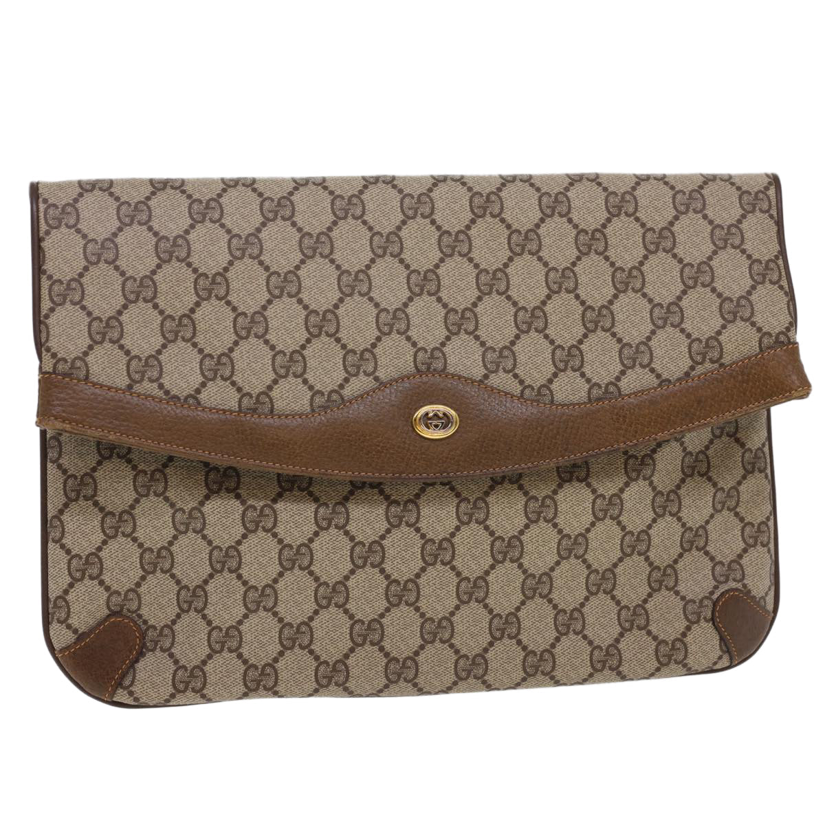 GUCCI GG Canvas Clutch Bag PVC Leather Beige Brown yk6557