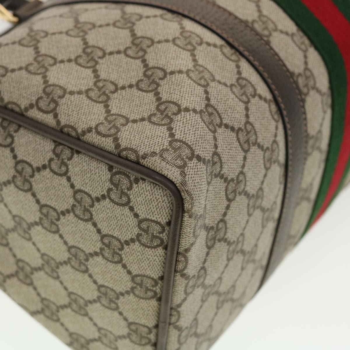 GUCCI GG Canvas Web Sherry Line Boston Bag PVC Leather Beige Green yk6588B