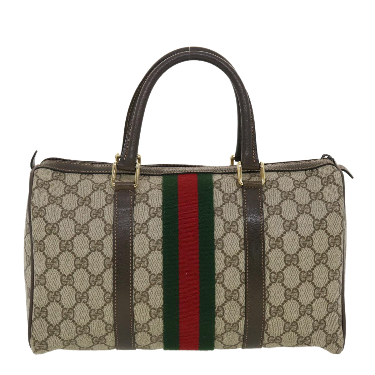 GUCCI GG Canvas Web Sherry Line Boston Bag PVC Leather Beige Green yk6588B