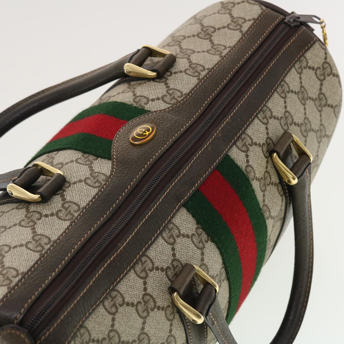 GUCCI GG Canvas Web Sherry Line Boston Bag PVC Leather Beige Green yk6588B
