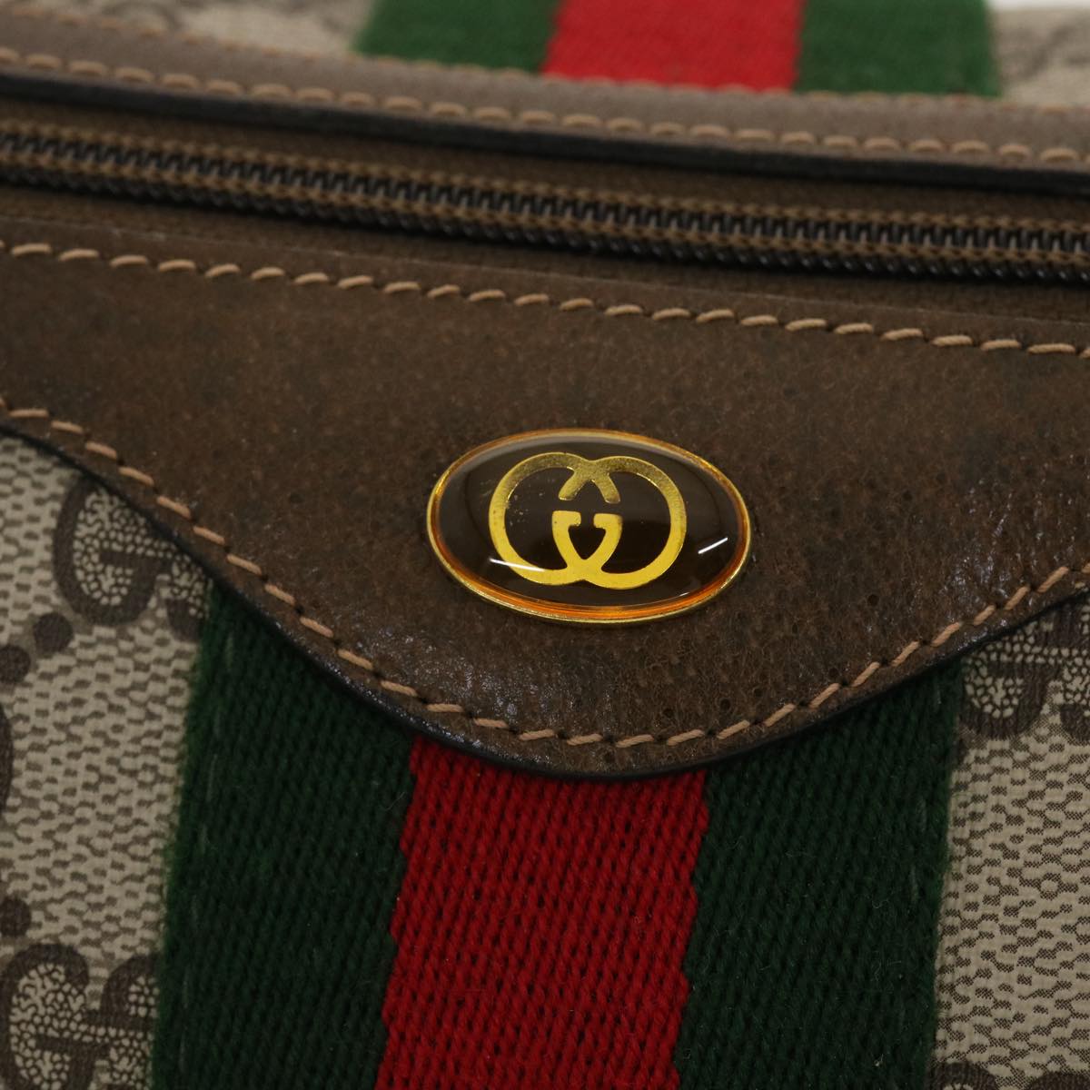 GUCCI GG Canvas Web Sherry Line Boston Bag PVC Leather Beige Green yk6589B
