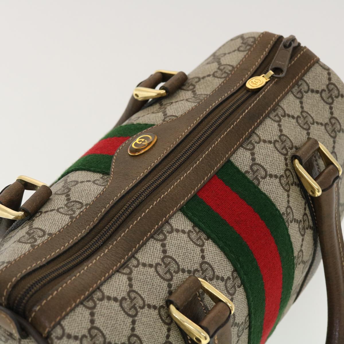 GUCCI GG Canvas Web Sherry Line Boston Bag PVC Leather Beige Green yk6589B