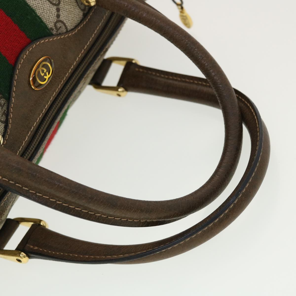 GUCCI GG Canvas Web Sherry Line Boston Bag PVC Leather Beige Green yk6589B