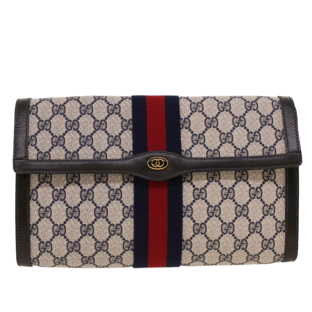 GUCCI GG Canvas Sherry Line Clutch Bag Gray Red Navy 67.014.3087 yk7005B