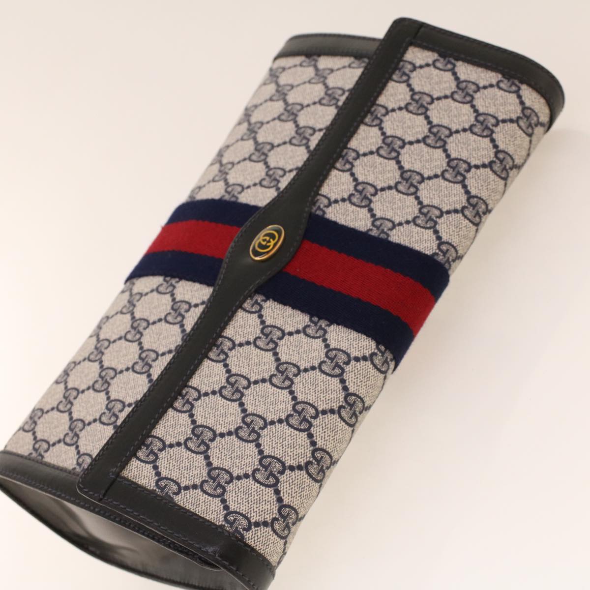 GUCCI GG Canvas Sherry Line Clutch Bag Gray Red Navy 67.014.3087 yk7005B