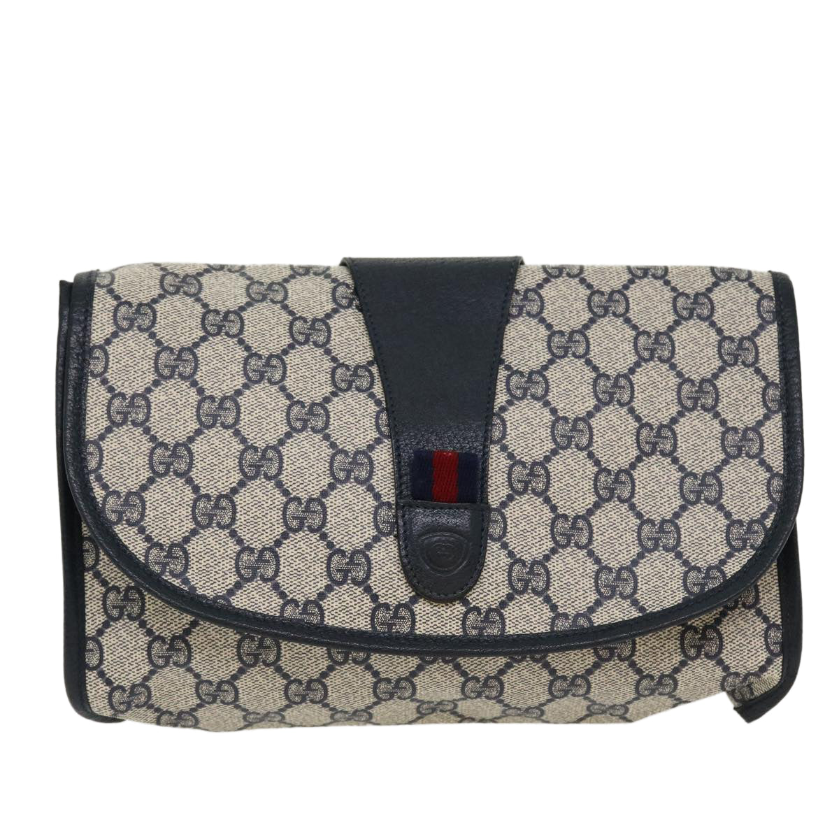 GUCCI GG Canvas Sherry Line Clutch Bag Gray Red Navy 014.122 yk7022B