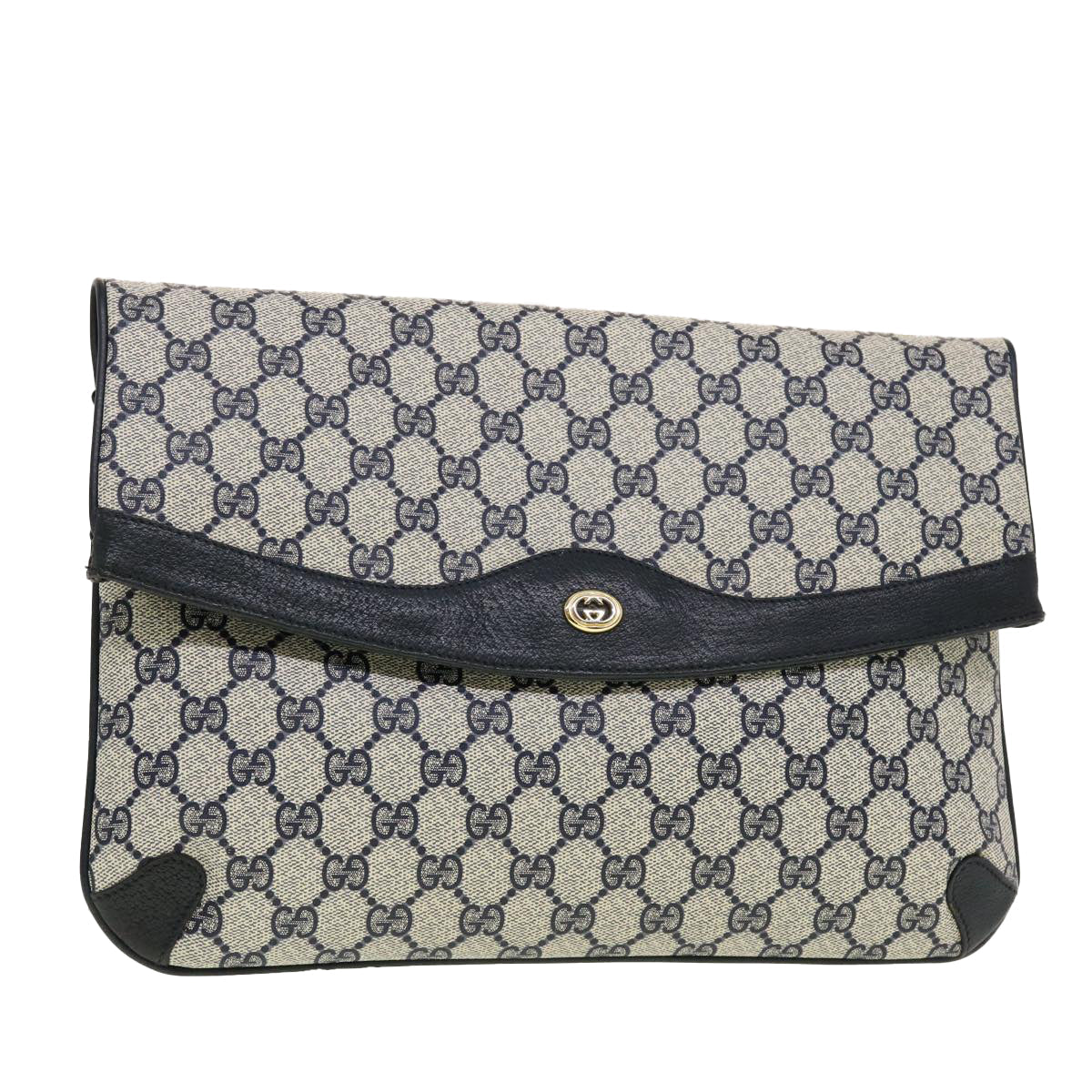 GUCCI GG Canvas Clutch Bag PVC Leather Gray Navy 89.02.075 yk7122