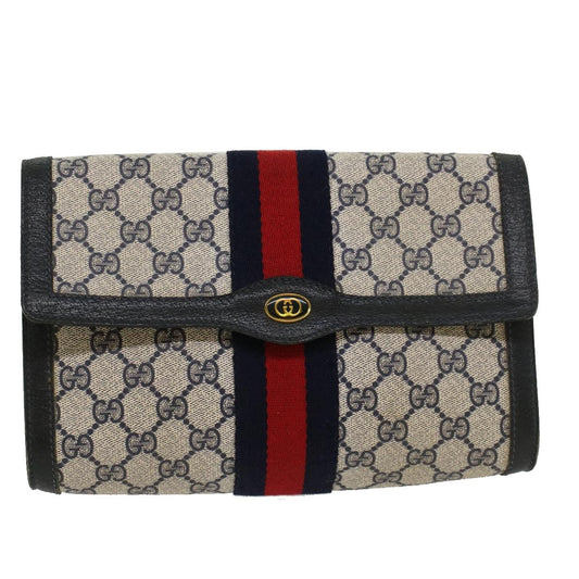 GUCCI GG Canvas Sherry Line Clutch Bag PVC Leather Gray Red Navy