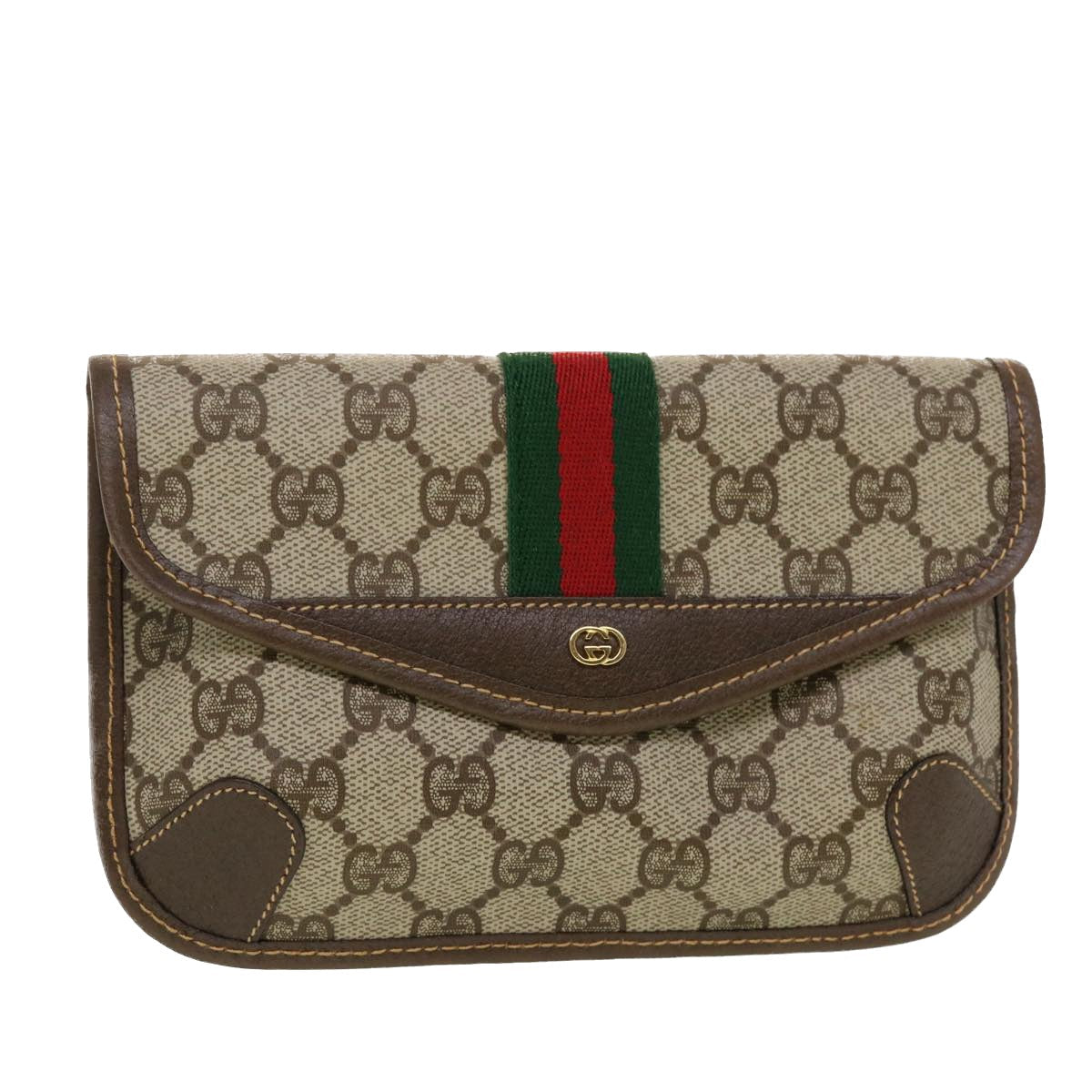GUCCI GG Canvas Web Sherry Line Pouch PVC Leather Beige Red Green yk7352