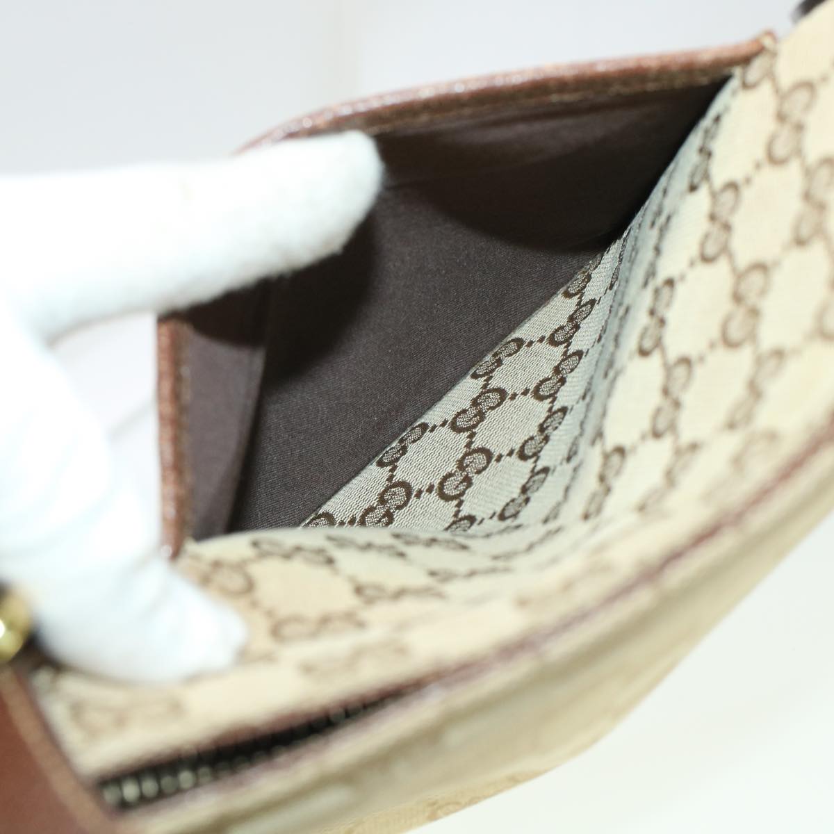 GUCCI GG Canvas Shoulder Bag Leather Beige 115514 yk7361