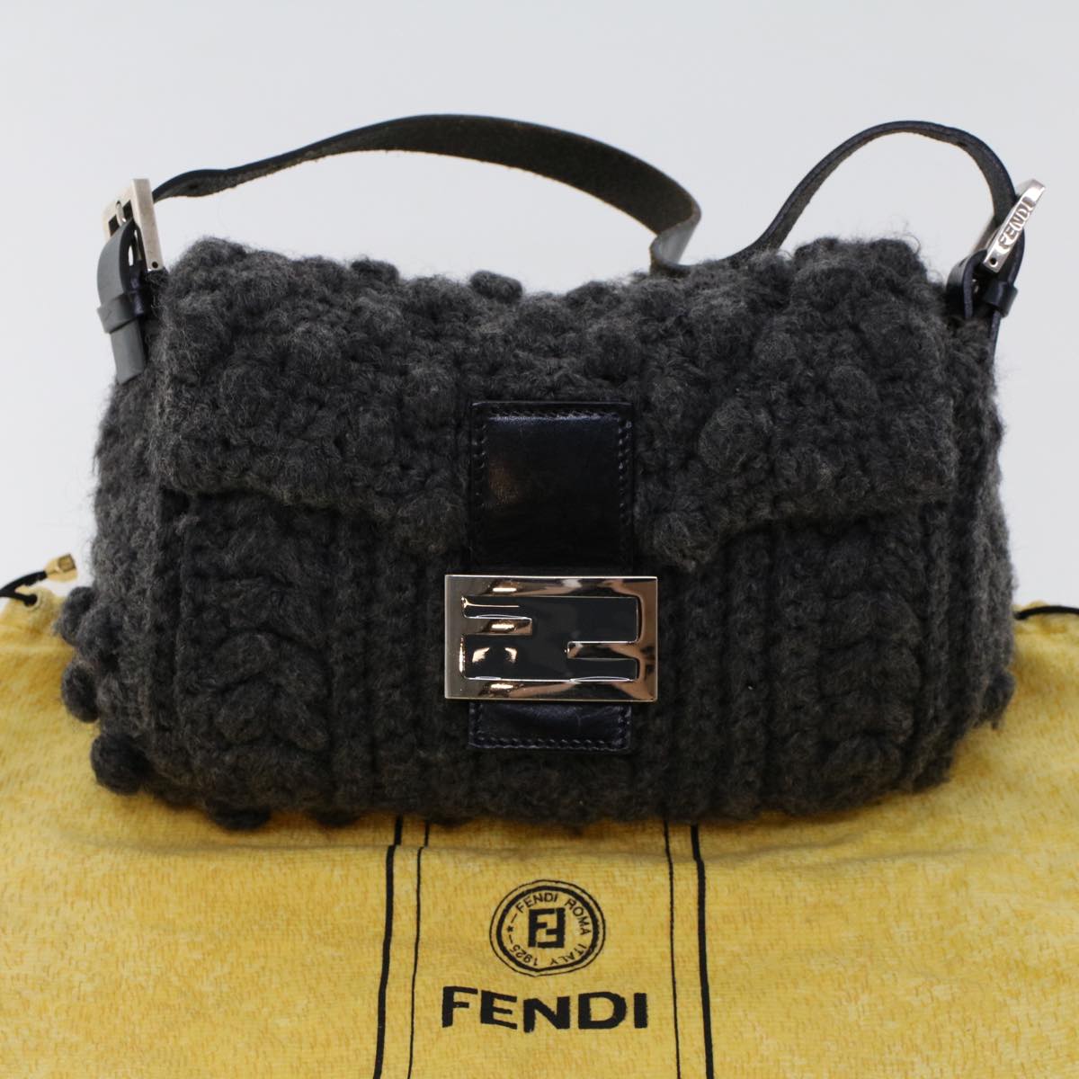 FENDI Mamma Baguette Shoulder Bag Wool Leather Gray yk7448