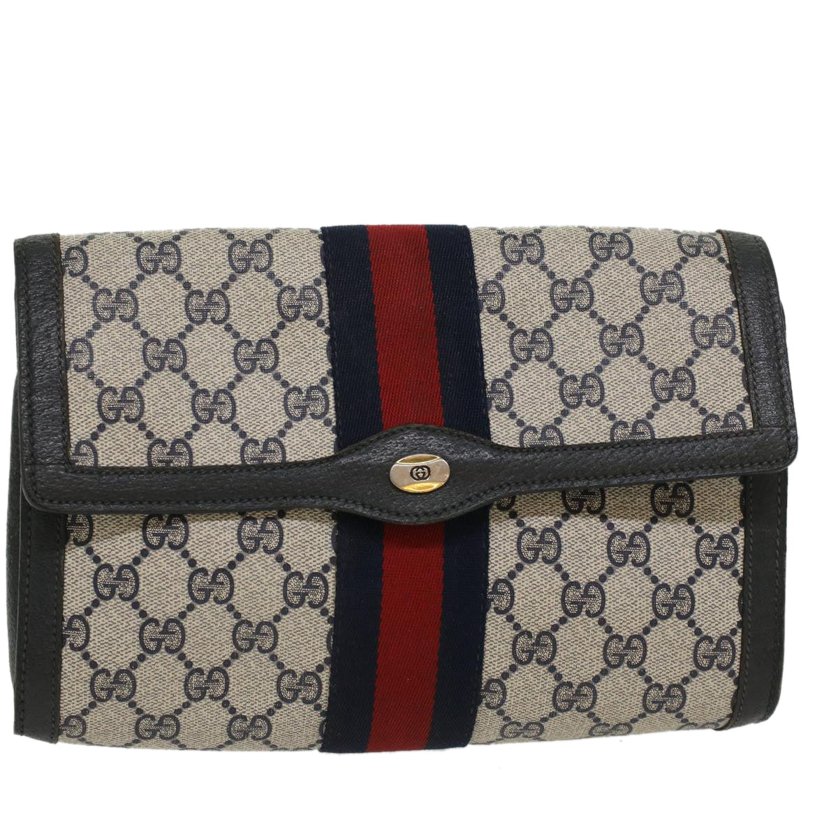 GUCCI GG Canvas Sherry Line Clutch Bag Gray Red Navy 89.01.006 yk7558B
