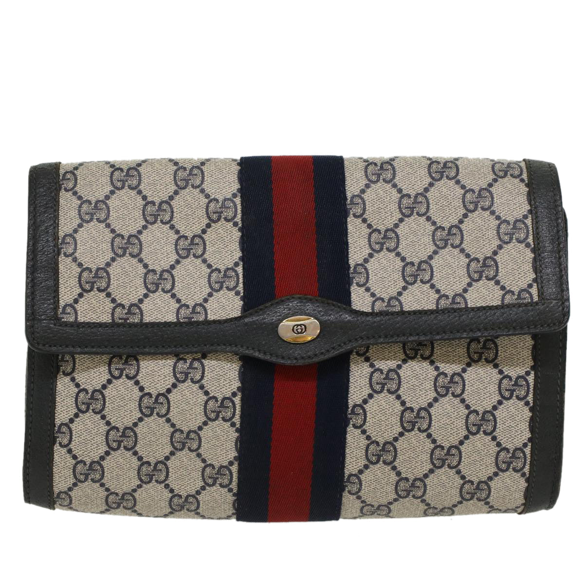 GUCCI GG Canvas Sherry Line Clutch Bag Gray Red Navy 89.01.006 yk7558B