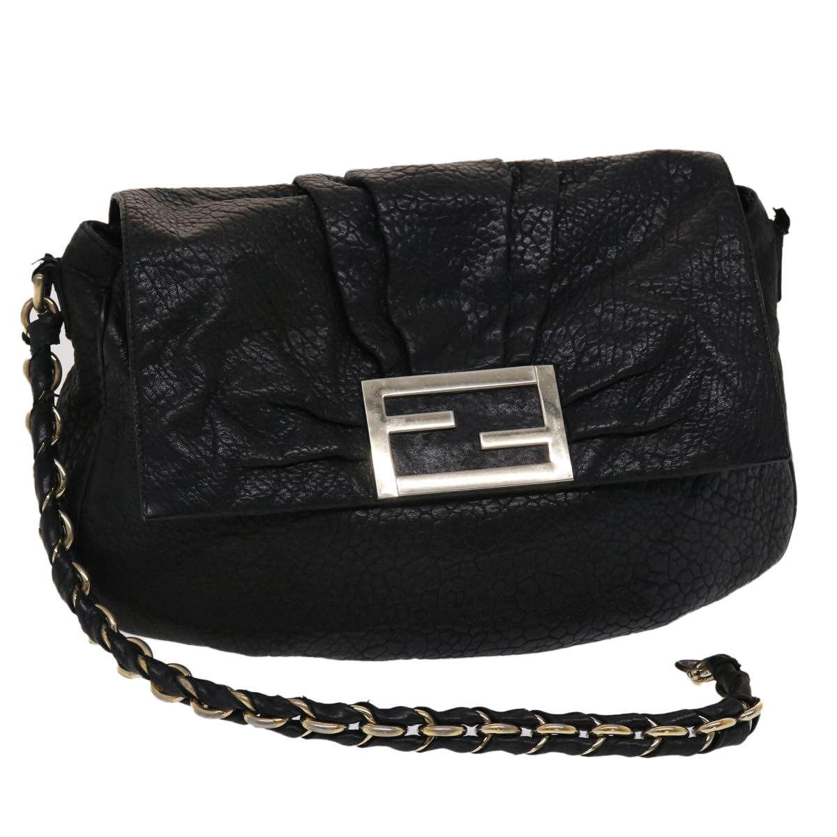 FENDI Chain Shoulder Bag Leather Black yk7651B