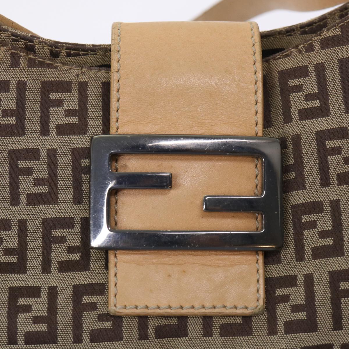 FENDI Zucchino Canvas Mamma Baguette Shoulder Bag Leather Beige yk7711