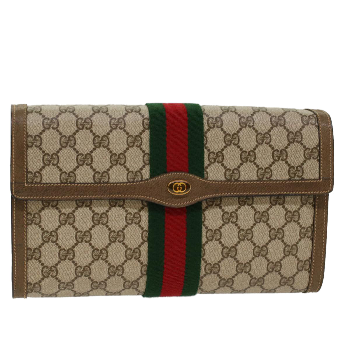 GUCCI GG Canvas Web Sherry Line Clutch Bag Beige Red Green 89.01.007 yk7743