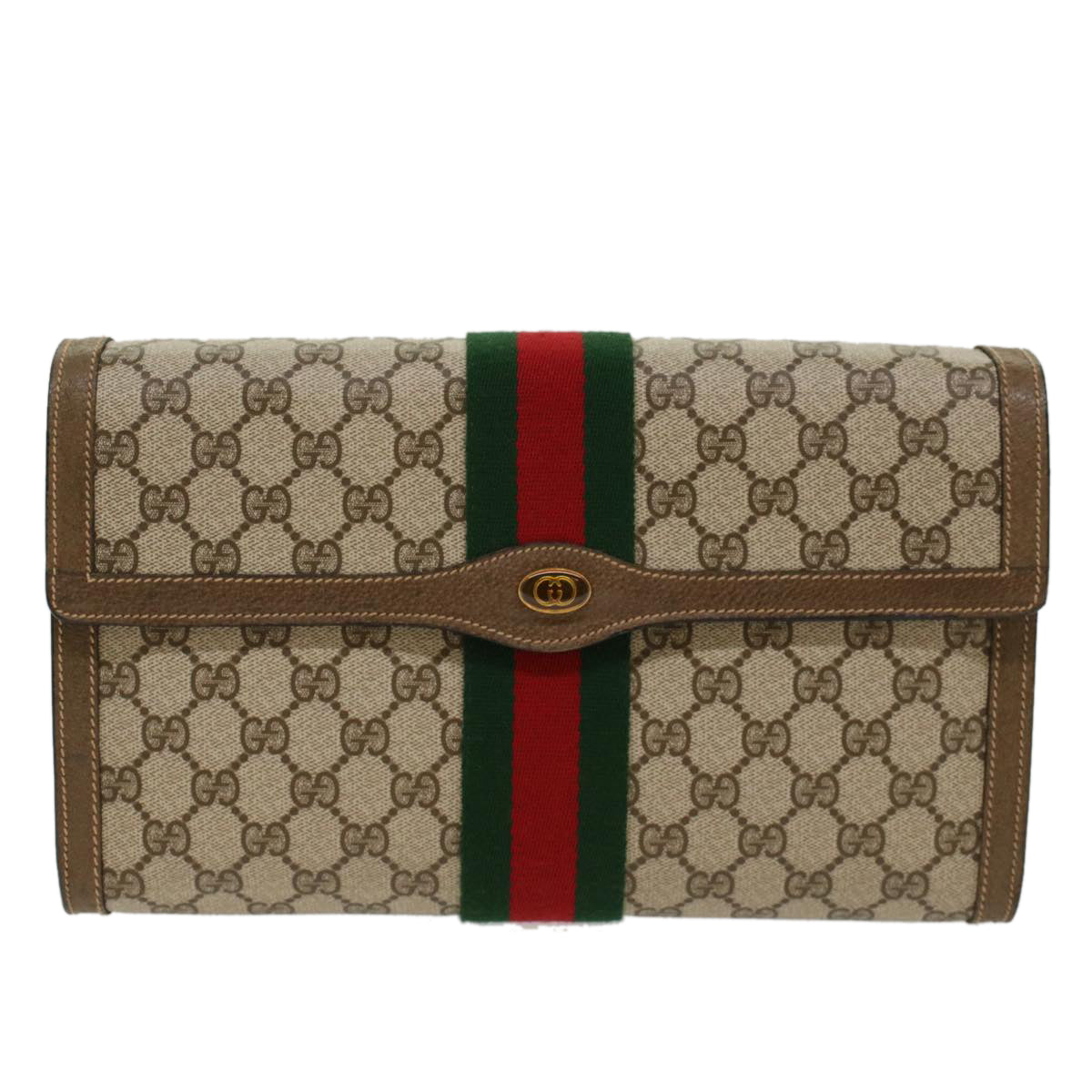GUCCI GG Canvas Web Sherry Line Clutch Bag Beige Red Green 89.01.007 yk7743