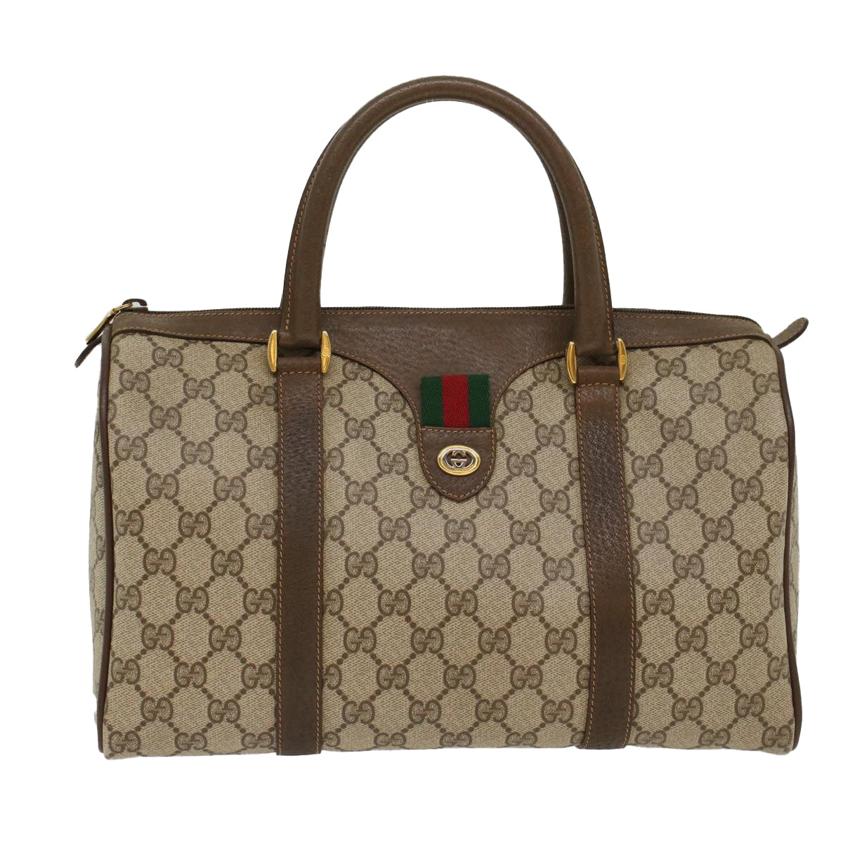 GUCCI GG Canvas Web Sherry Line Boston Bag PVC Leather Beige Green yk7850