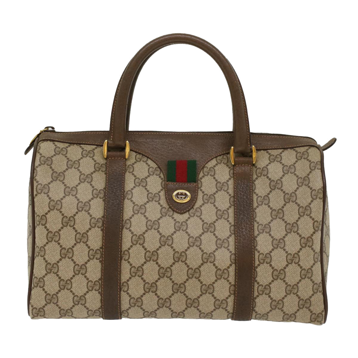 GUCCI GG Canvas Web Sherry Line Boston Bag PVC Leather Beige Green yk7850