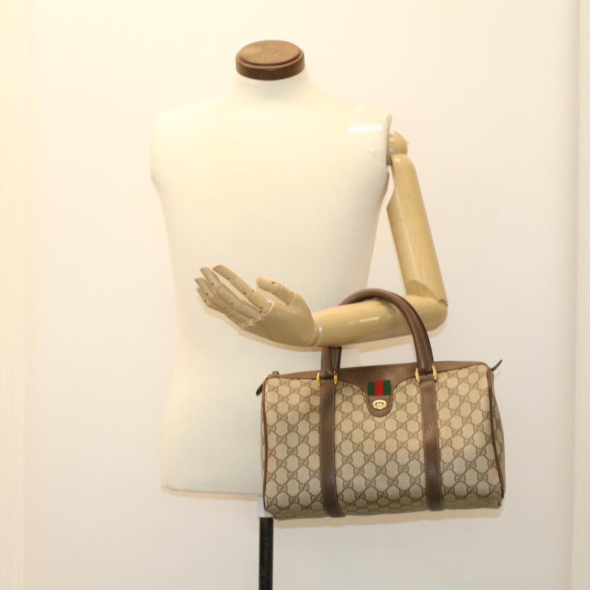 GUCCI GG Canvas Web Sherry Line Boston Bag PVC Leather Beige Green yk7850