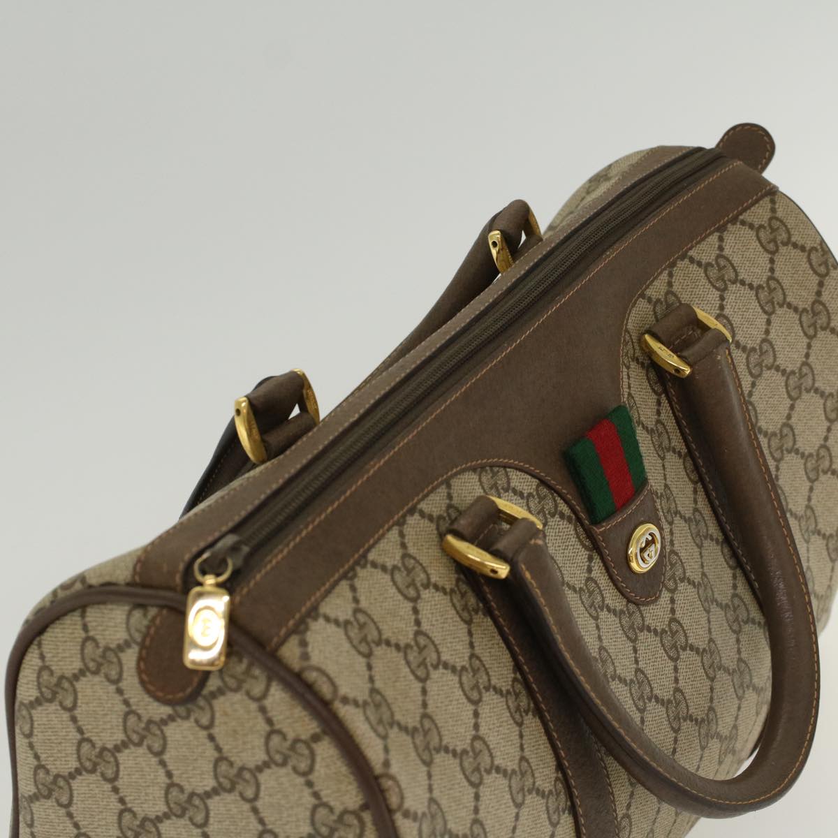 GUCCI GG Canvas Web Sherry Line Boston Bag PVC Leather Beige Green yk7850