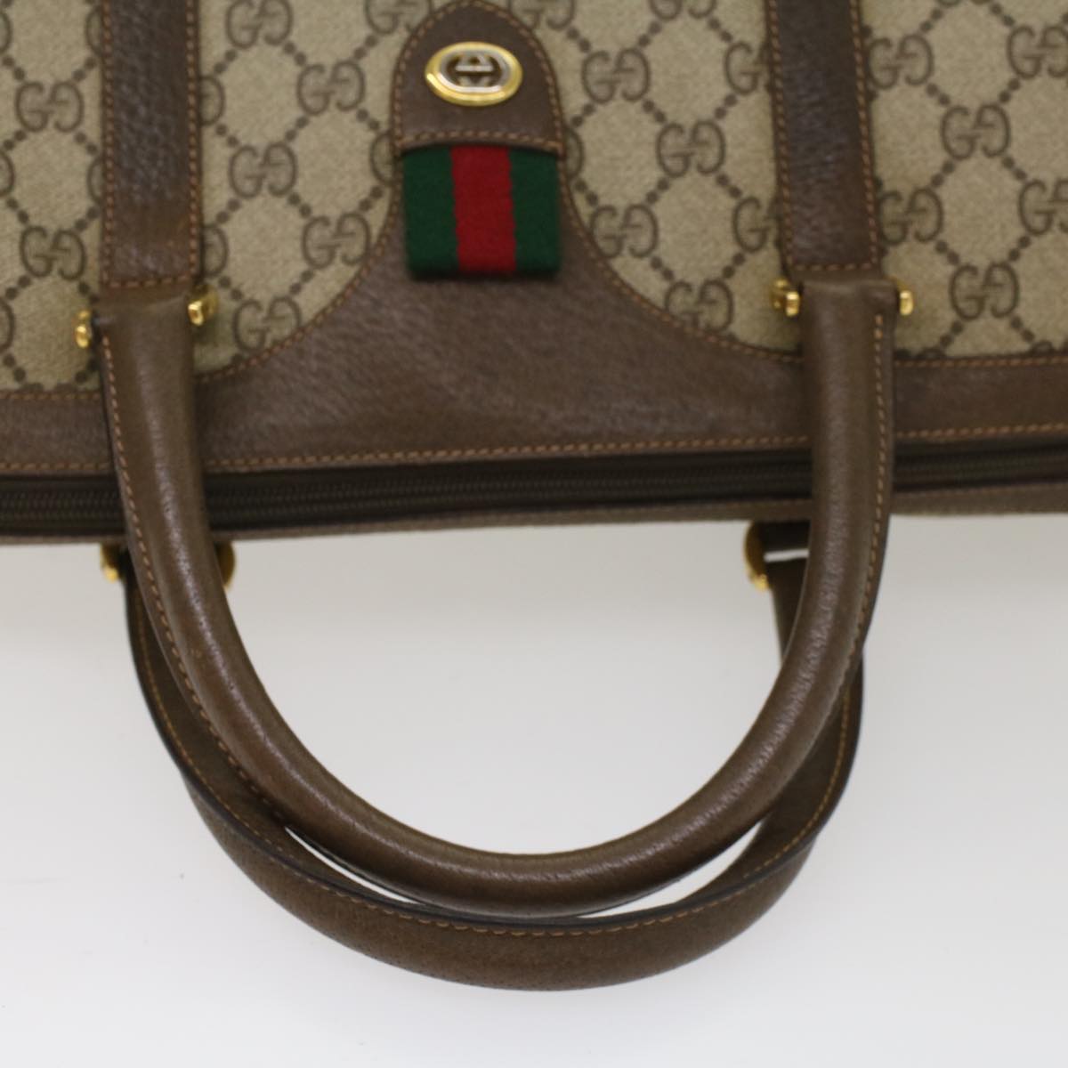 GUCCI GG Canvas Web Sherry Line Boston Bag PVC Leather Beige Green yk7850