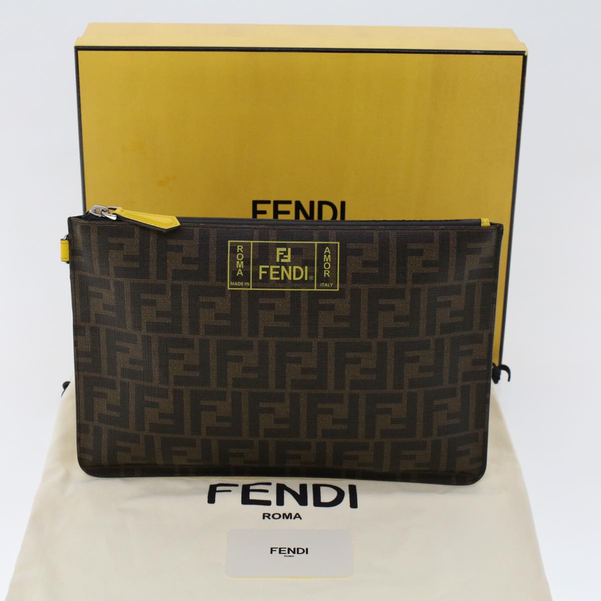 FENDI Zucca Canvas Clutch Bag PVC Leather Brown Black yellow yk7868