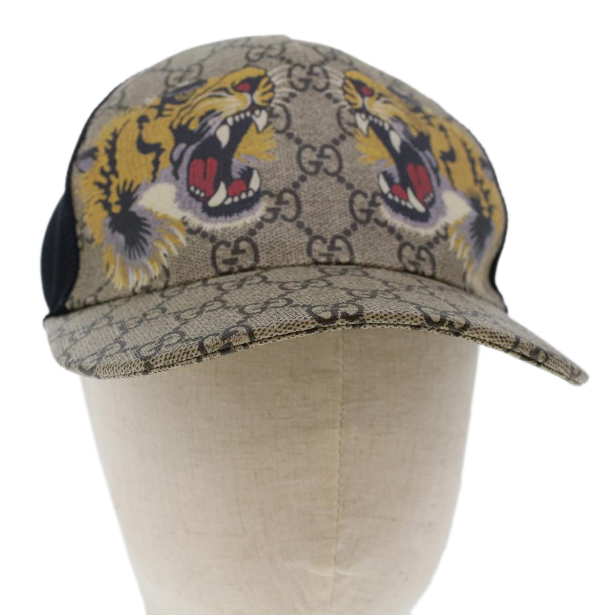 GUCCI GG Canvas Tiger Cap PVC Leather M 58 Beige Black 426887 4HB13 yk7869