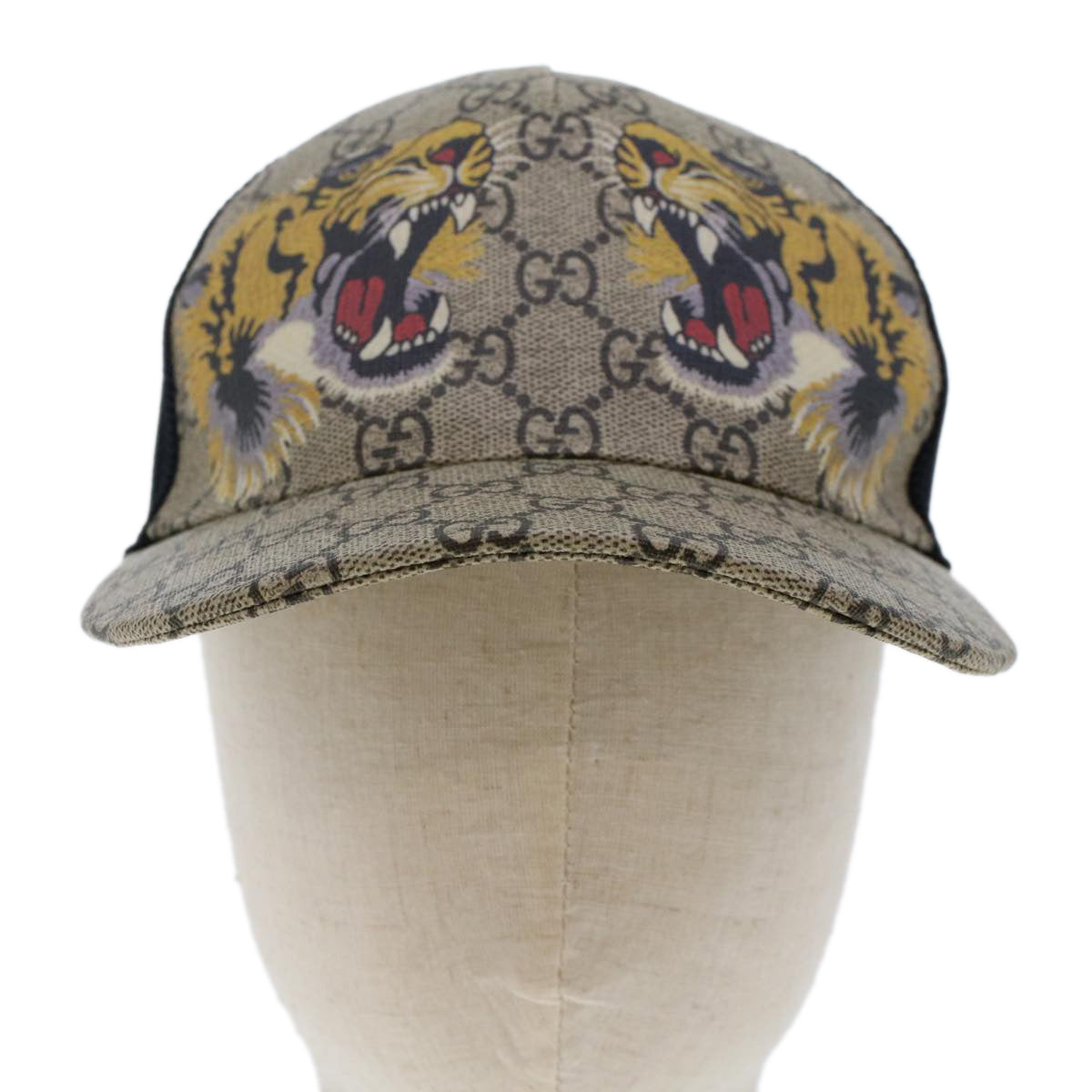 GUCCI GG Canvas Tiger Cap PVC Leather M 58 Beige Black 426887 4HB13 yk7869