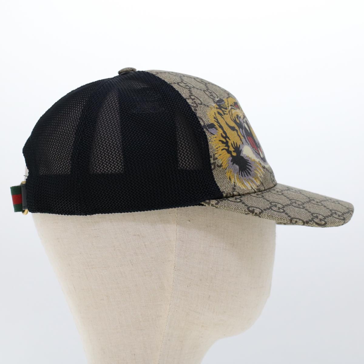 GUCCI GG Canvas Tiger Cap PVC Leather M 58 Beige Black 426887 4HB13 yk7869