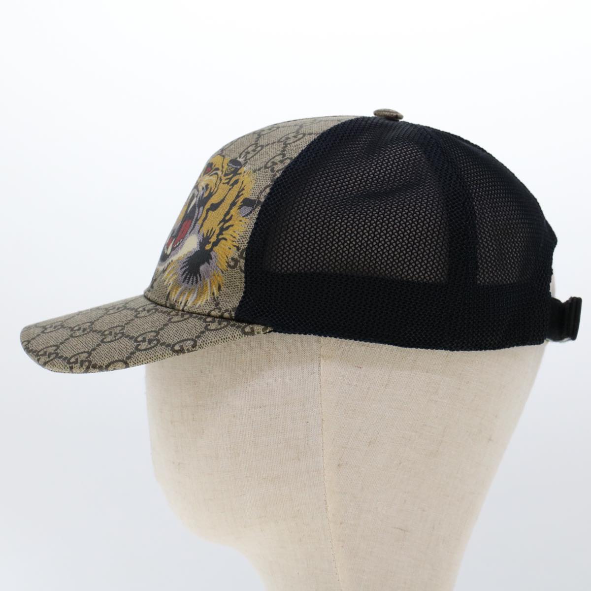 GUCCI GG Canvas Tiger Cap PVC Leather M 58 Beige Black 426887 4HB13 yk7869