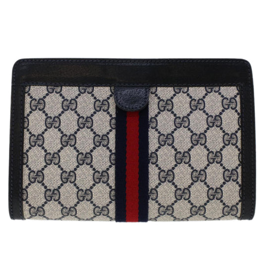GUCCI GG Canvas Sherry Line Clutch Bag PVC Leather Navy Red