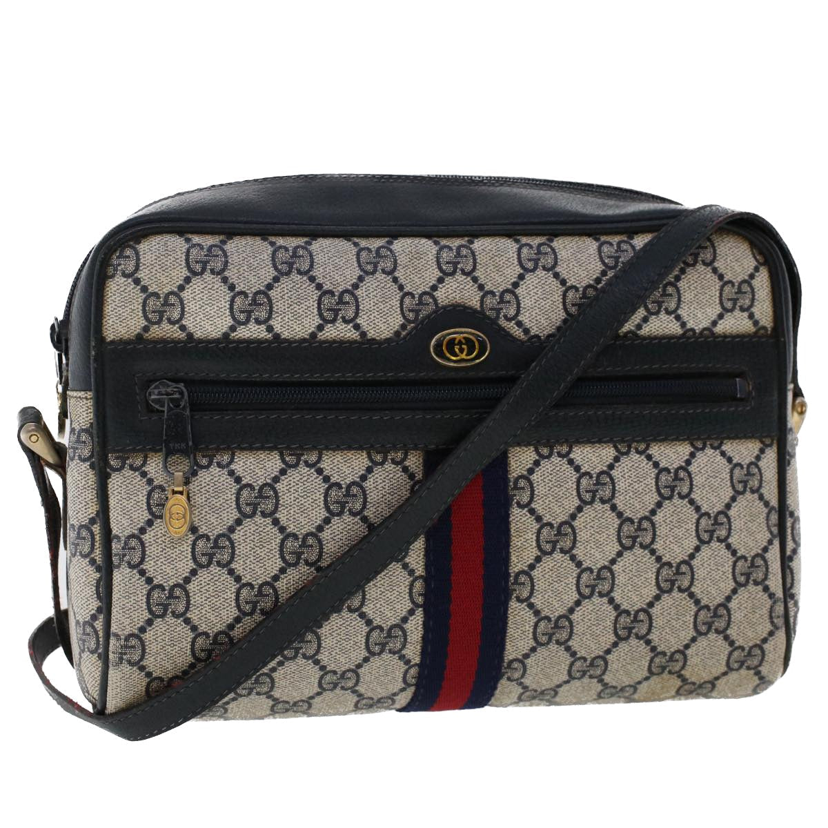 GUCCI GG Canvas Sherry Line Shoulder Bag Gray Red Navy 010.378... yk7969