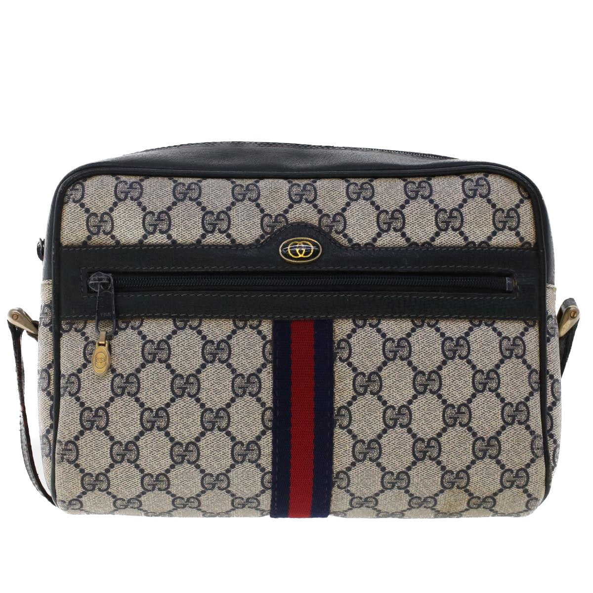 GUCCI GG Canvas Sherry Line Shoulder Bag Gray Red Navy 010.378... yk7969
