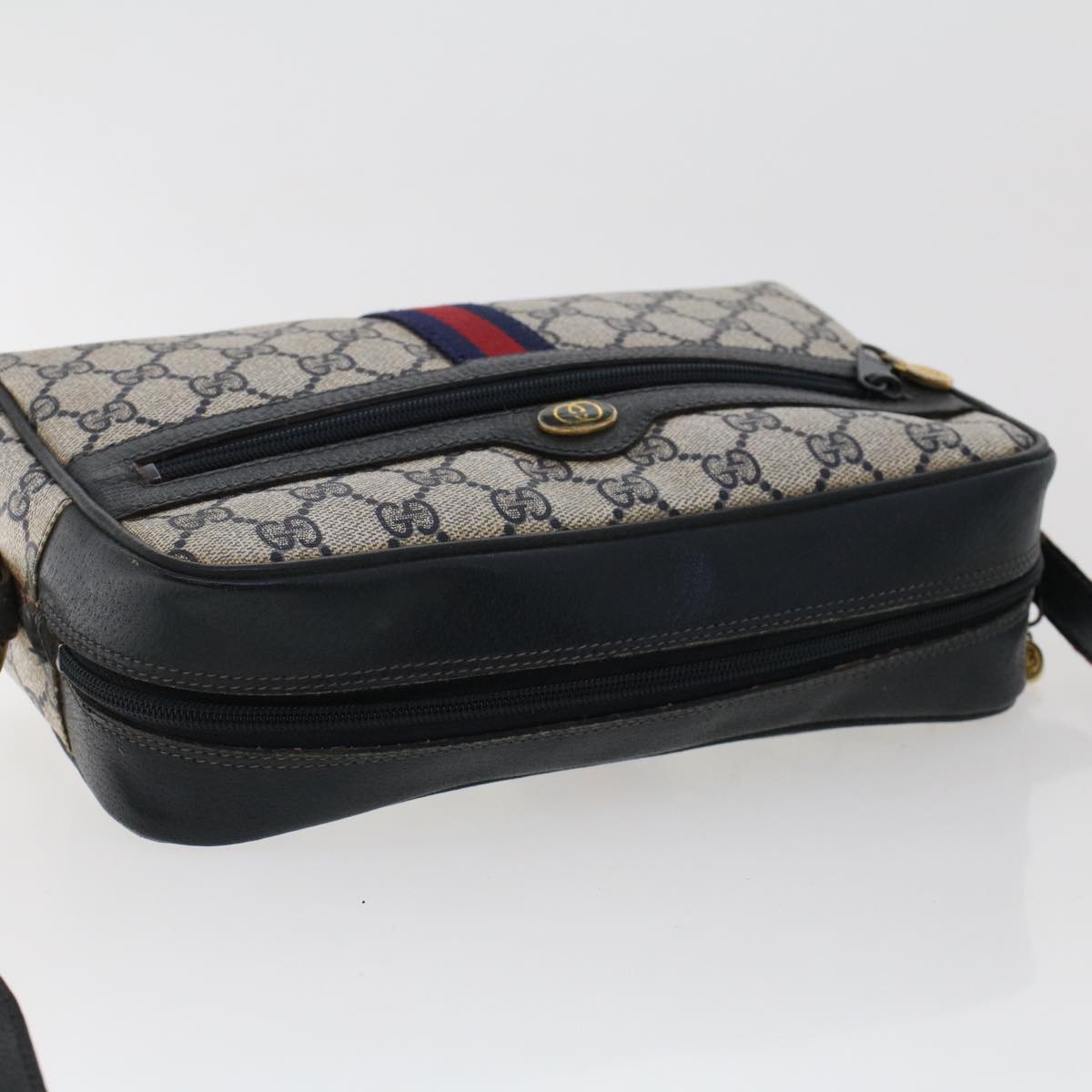 GUCCI GG Canvas Sherry Line Shoulder Bag Gray Red Navy 010.378... yk7969