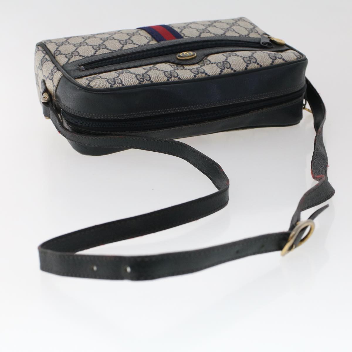 GUCCI GG Canvas Sherry Line Shoulder Bag Gray Red Navy 010.378... yk7969