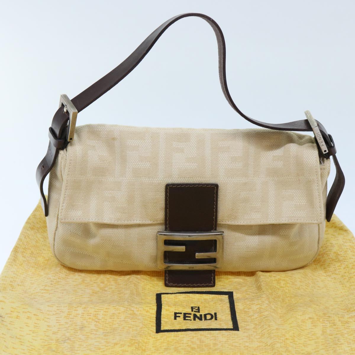 FENDI Zucca Canvas Mamma Baguette Shoulder Bag Leather Beige yk8097B