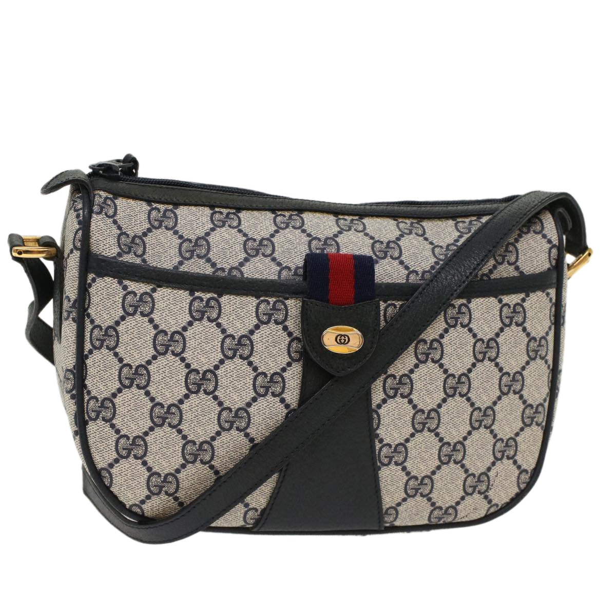 GUCCI GG Canvas Sherry Line Shoulder Bag Gray Red Navy 89.02.032 yk8166