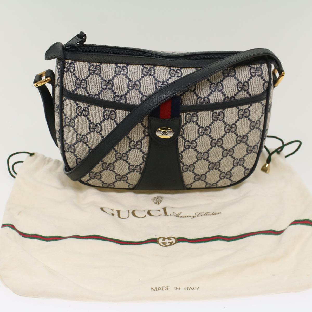 GUCCI GG Canvas Sherry Line Shoulder Bag Gray Red Navy 89.02.032 yk8166