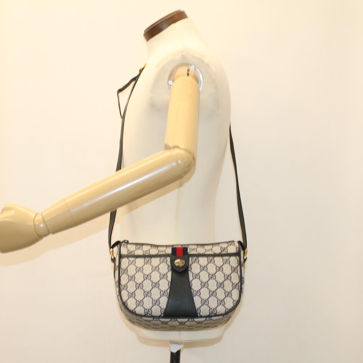 GUCCI GG Canvas Sherry Line Shoulder Bag Gray Red Navy 89.02.032 yk8166