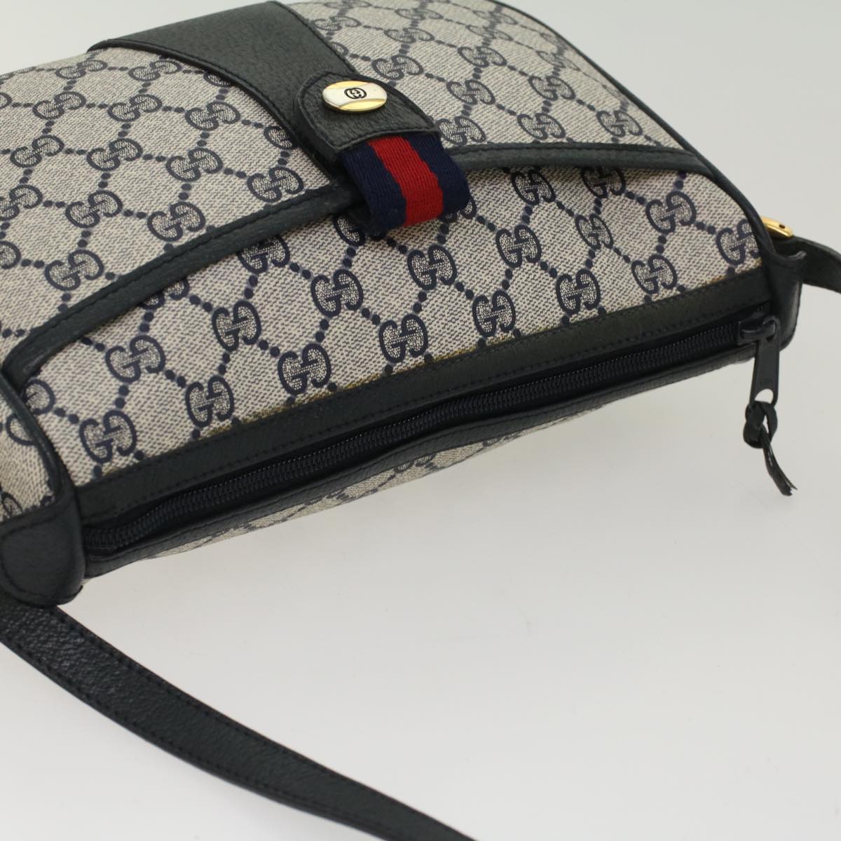 GUCCI GG Canvas Sherry Line Shoulder Bag Gray Red Navy 89.02.032 yk8166