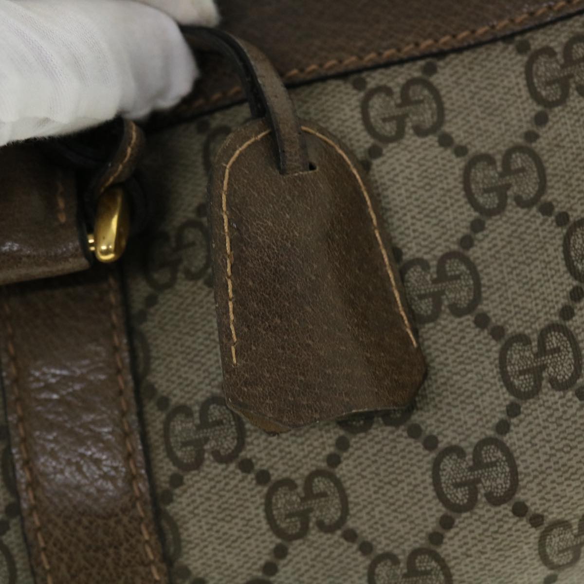 GUCCI GG Canvas Boston Bag Vintage PVC Leather Beige yk8223