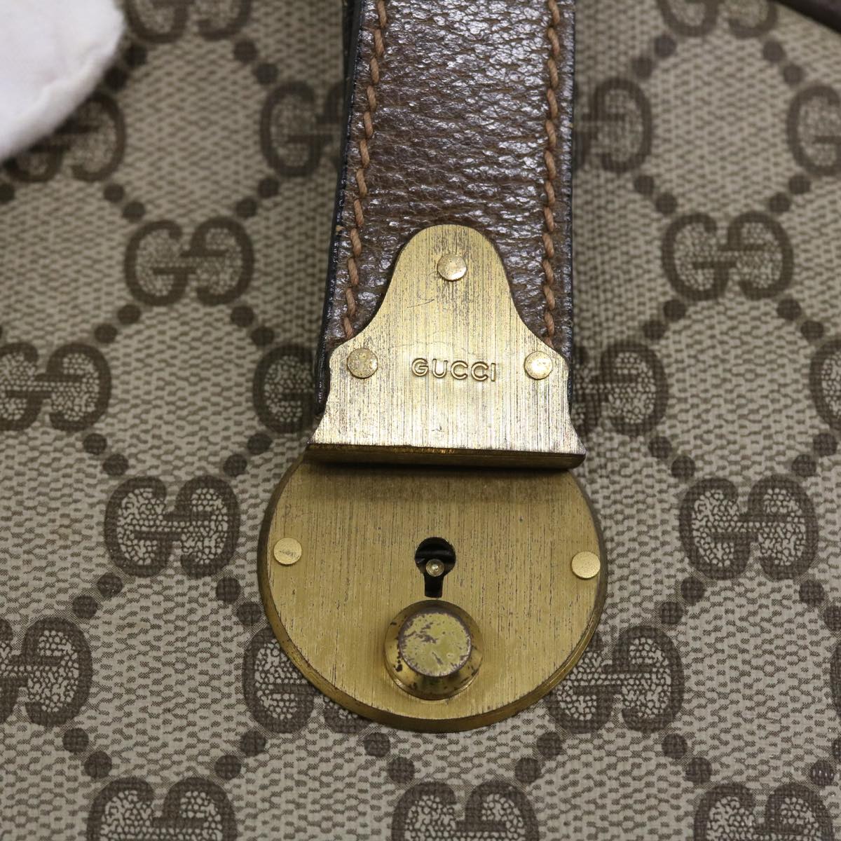 GUCCI GG Canvas Boston Bag Vintage PVC Leather Beige yk8223