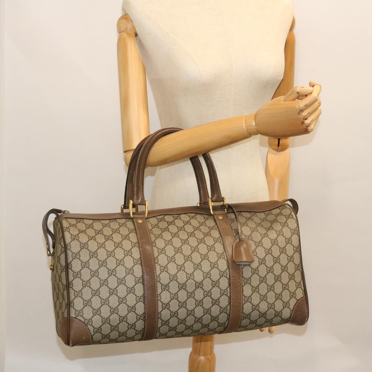 GUCCI GG Canvas Boston Bag Vintage PVC Leather Beige yk8223