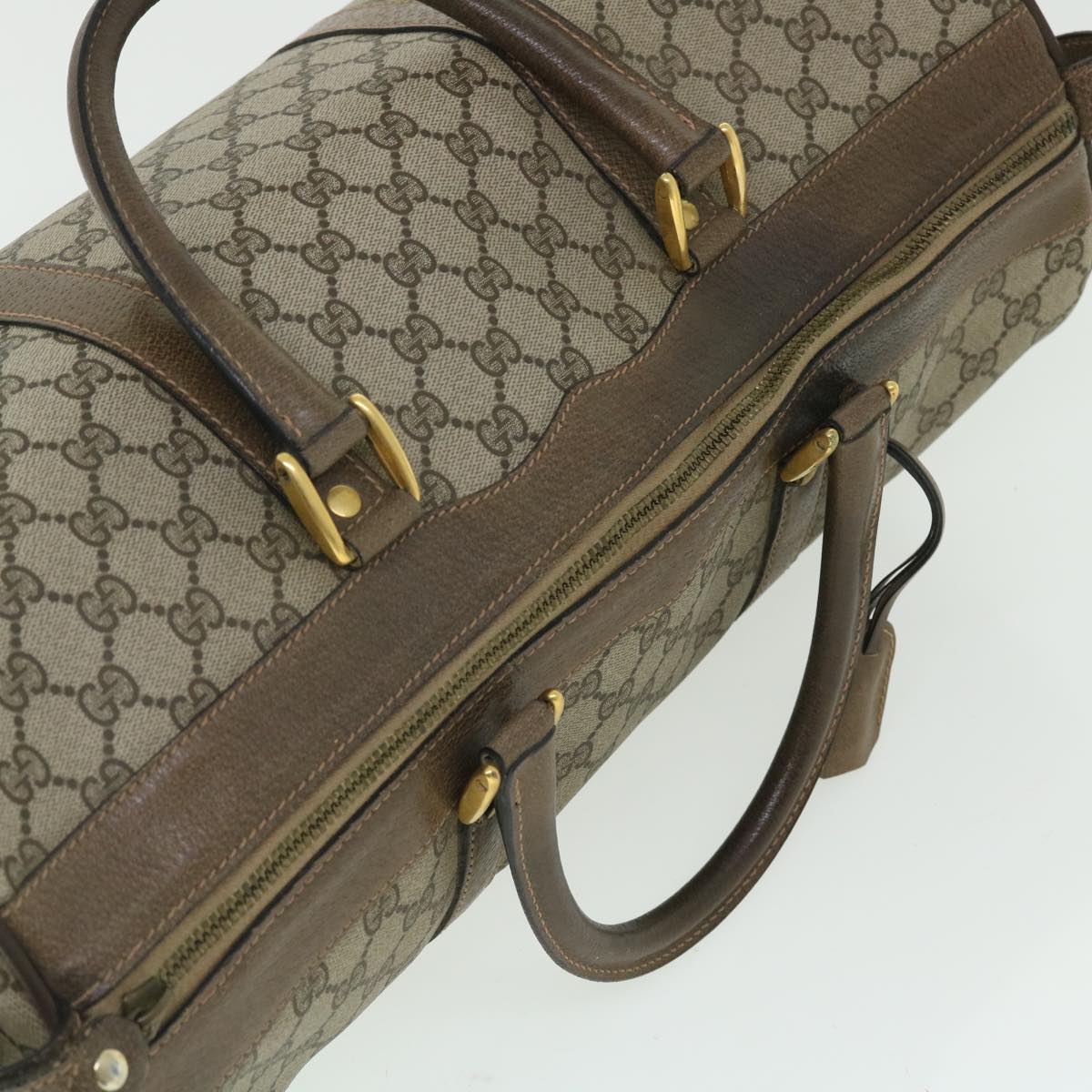 GUCCI GG Canvas Boston Bag Vintage PVC Leather Beige yk8223