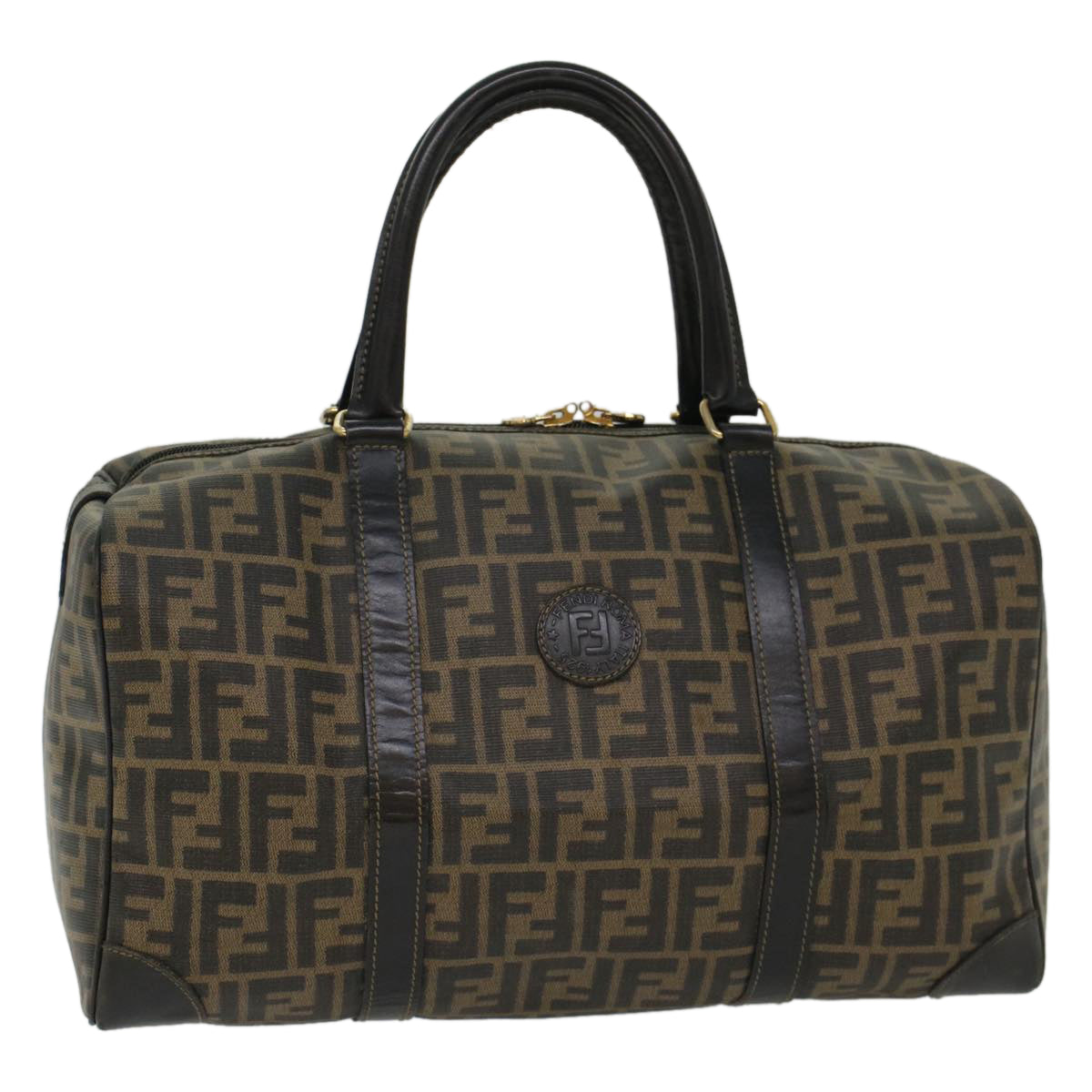 FENDI Zucca Canvas Boston Bag Leather Black Brown yk8249
