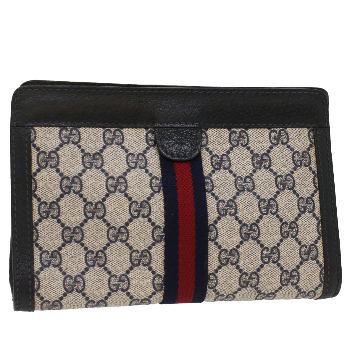 GUCCI GG Canvas Sherry Line Clutch Bag Gray Red Navy 64.014.2125.23 yk8296