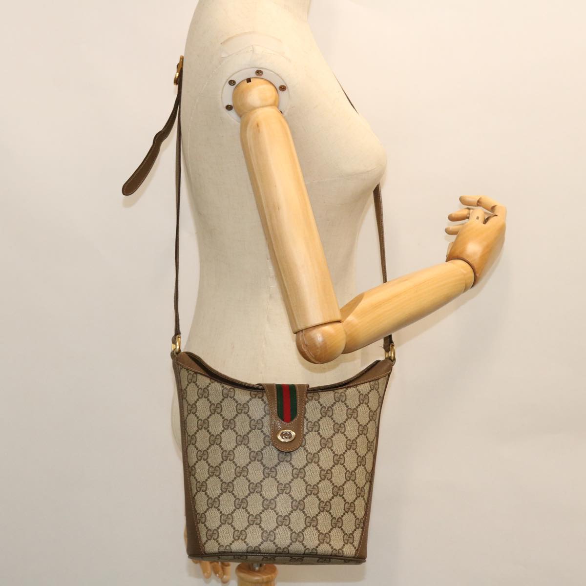 GUCCI GG Canvas Web Sherry Line Shoulder Bag PVC Leather Beige Red yk8333